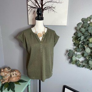 LOFT size Small Green Rolled Sleeve Top GUC Gold Button Detail
